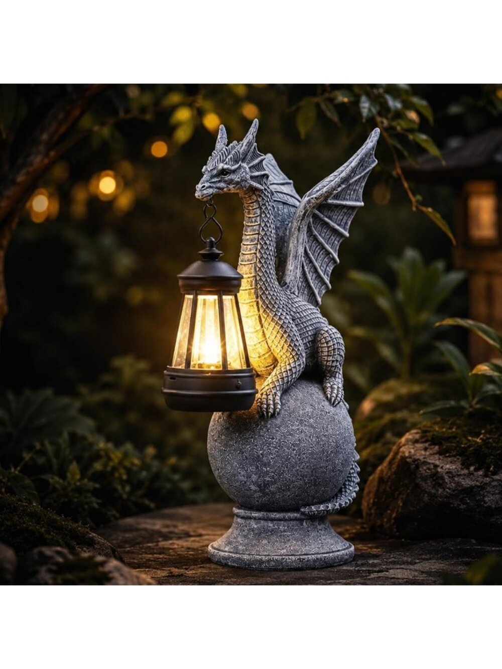 Weatherproof Solar Dragon Garden Statue with Lantern - Outdoor Decor for Yard